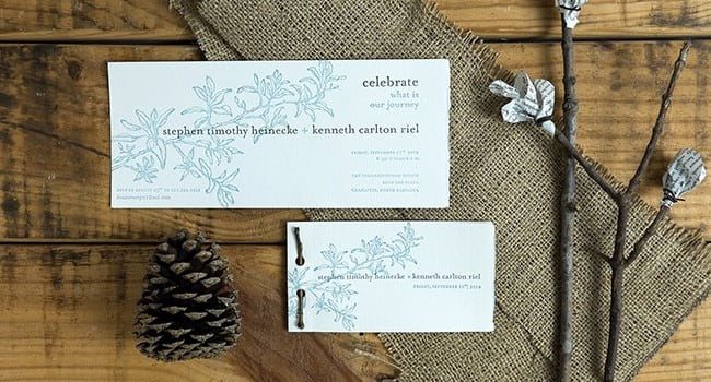 Stylized photo of a suite of wedding stationery